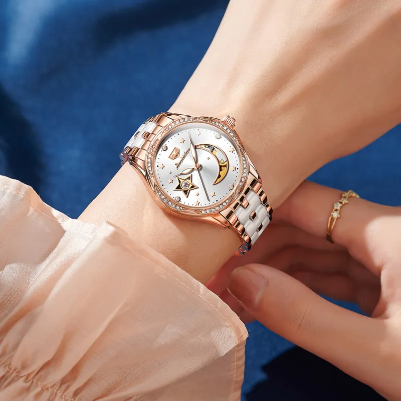 Jin Shi Dun Box Mechanical Movement Ceramic Strap Watch Women's Watch White Dial-2