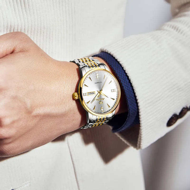 Jin Shi Dun Men's Watch Box Mechanical Movement Stainless Steel Watchband Watch Men's Watches White Dial-5