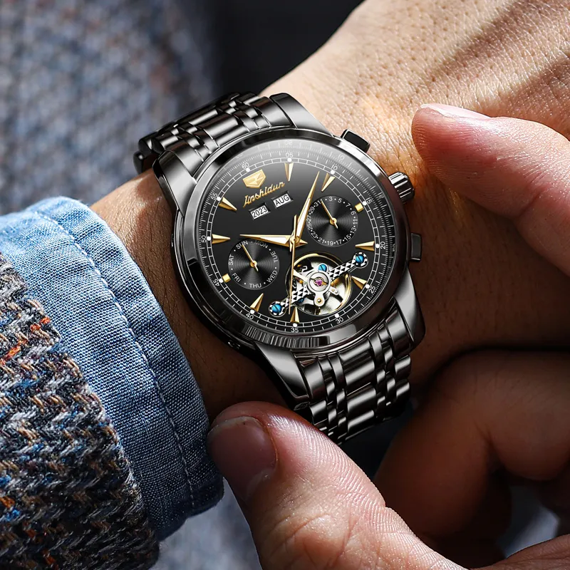 Jin Shi Dun Mechanical Movement Stainless Steel Watchband Watch Men's Watches White Dial-16