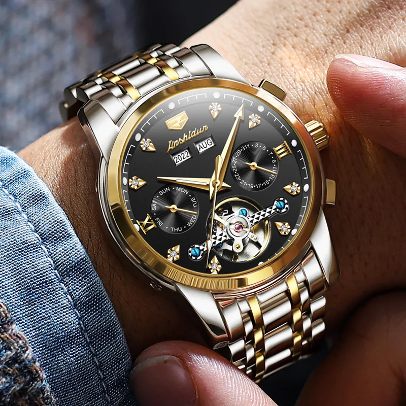Jin Shi Dun Mechanical Movement Stainless Steel Watchband Watch Men's Watches Black Dial-12