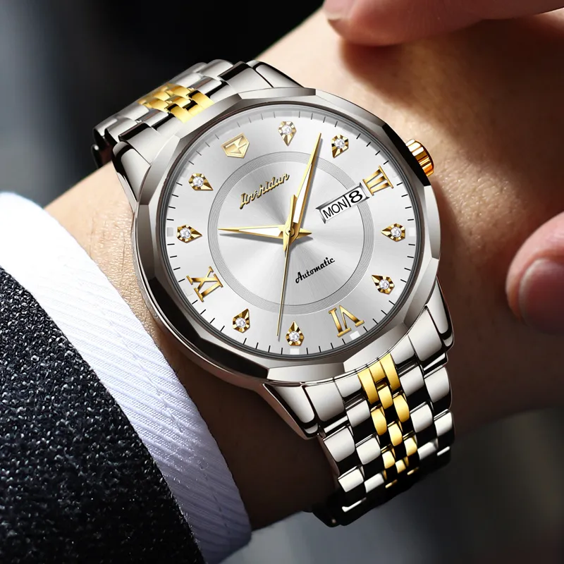 Jin Shi Dun Diamond Box Mechanical Movement Stainless Steel Watchband Watch Men's Watches White Dial-5