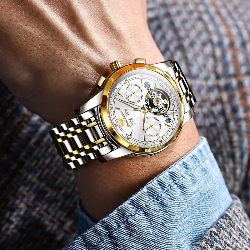Jin Shi Dun Mechanical Movement Stainless Steel Watchband Watch Men's Watches White Dial-9