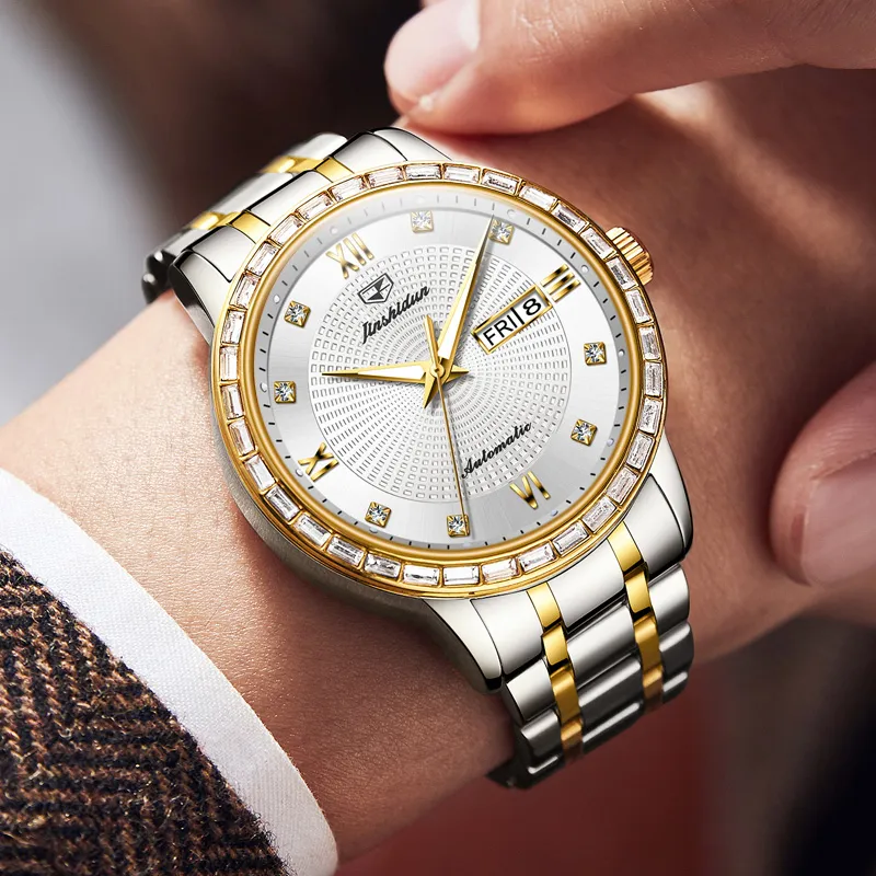 Jin Shi Dun Mechanical Movement Stainless Steel Watchband Watch Men's Watches White Dial-2