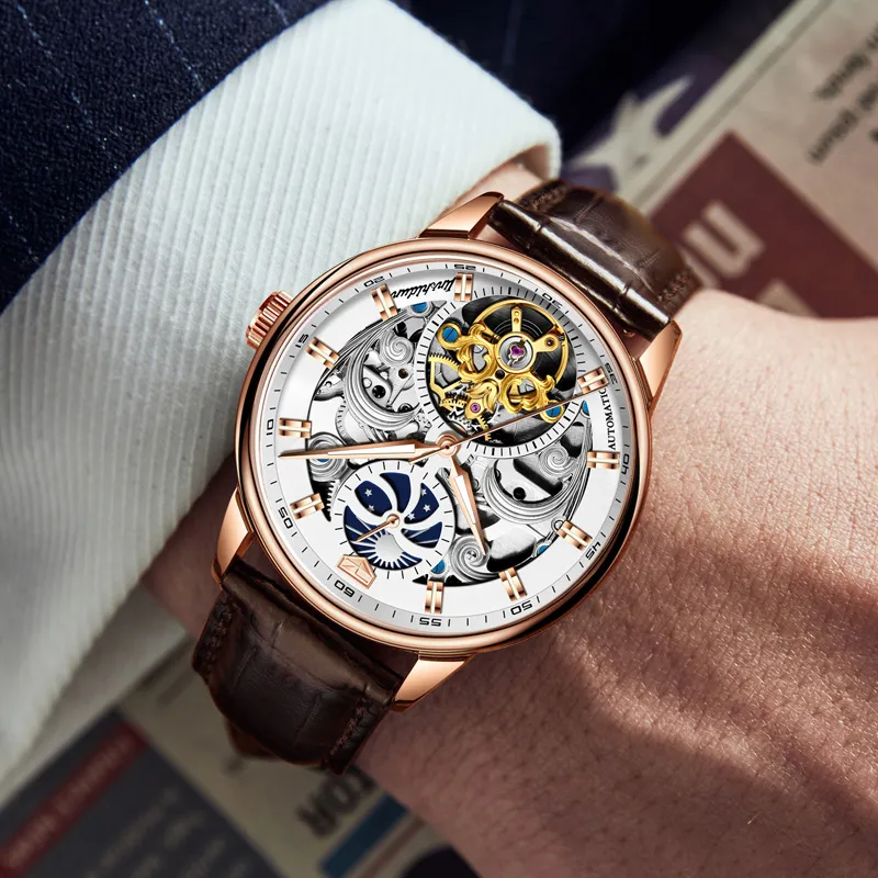 Jin Shi Dun Automatic Mechanical Movement Leather Strap Watch Men's Watches White Dial-9