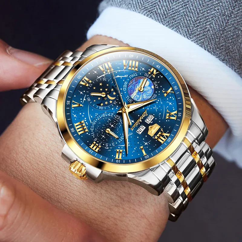 Jin Shi Dun Mechanical Movement Stainless Steel Watchband Watch Men's Watches Blue Dial-10