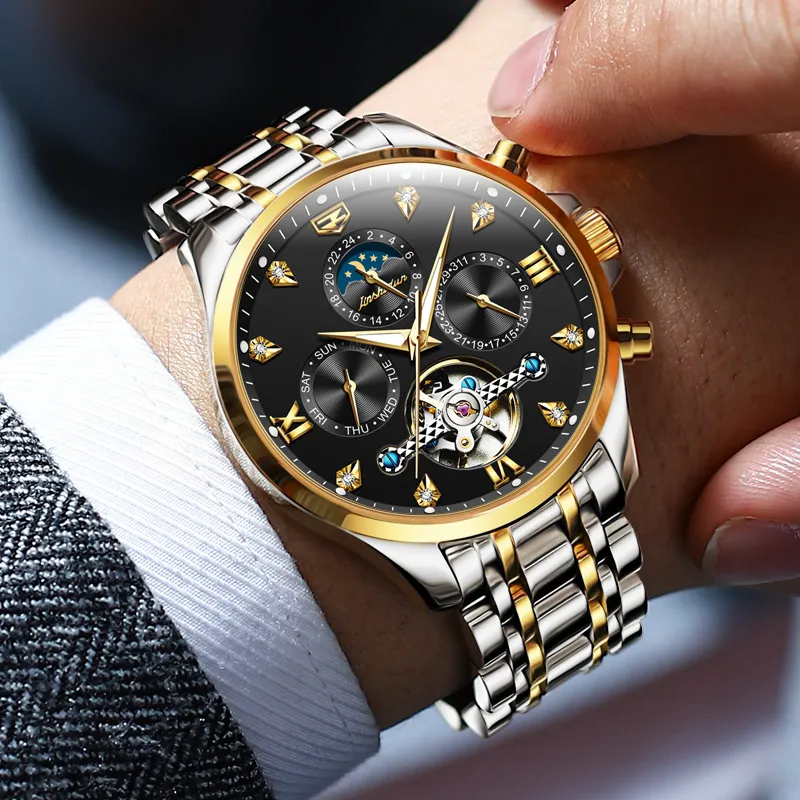 Jin Shi Dun Refined Box Mechanical Movement Stainless Steel Watchband Watch Men's Watches Black Dial-3