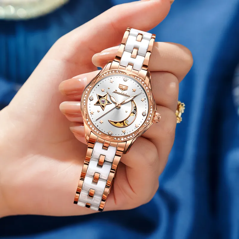 Jin Shi Dun Box Mechanical Movement Ceramic Strap Watch Women's Watch White Dial-3