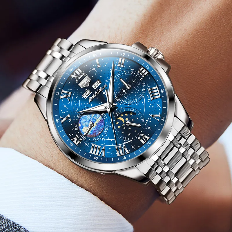 Jin Shi Dun Mechanical Movement Stainless Steel Watchband Watch Men's Watches Blue Dial-2