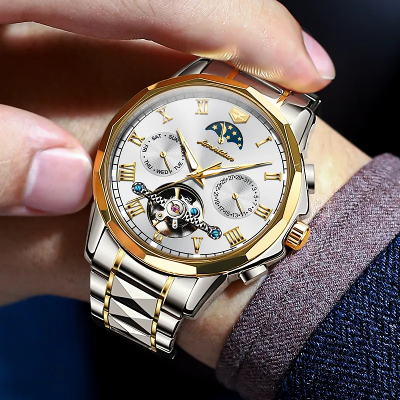 Jin Shi Dun Mechanical Movement Stainless Steel Watchband Watch Men's Watches White Dial-10