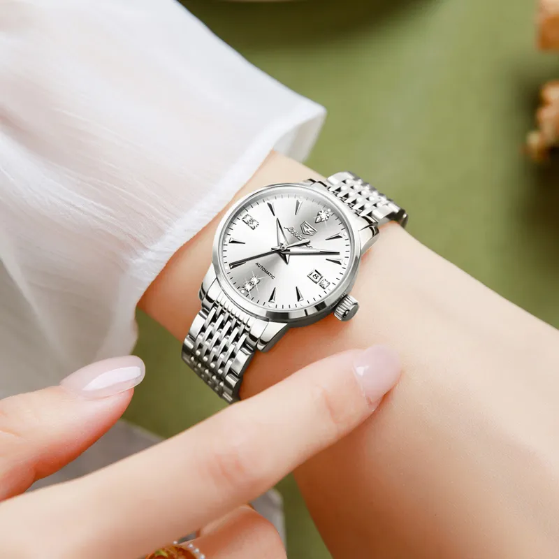 Jin Shi Dun Box Mechanical Movement Stainless Steel Watchband Watch Women's Watch White Dial-3