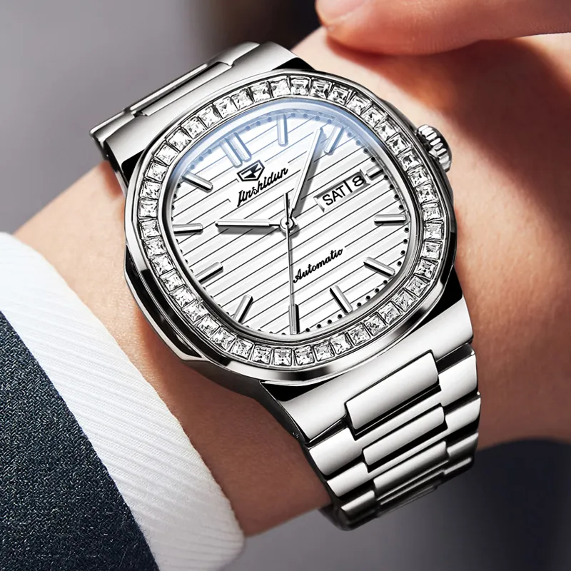 Jin Shi Dun Mechanical Movement Stainless Steel Watchband Watch Men's Watches White Dial-5