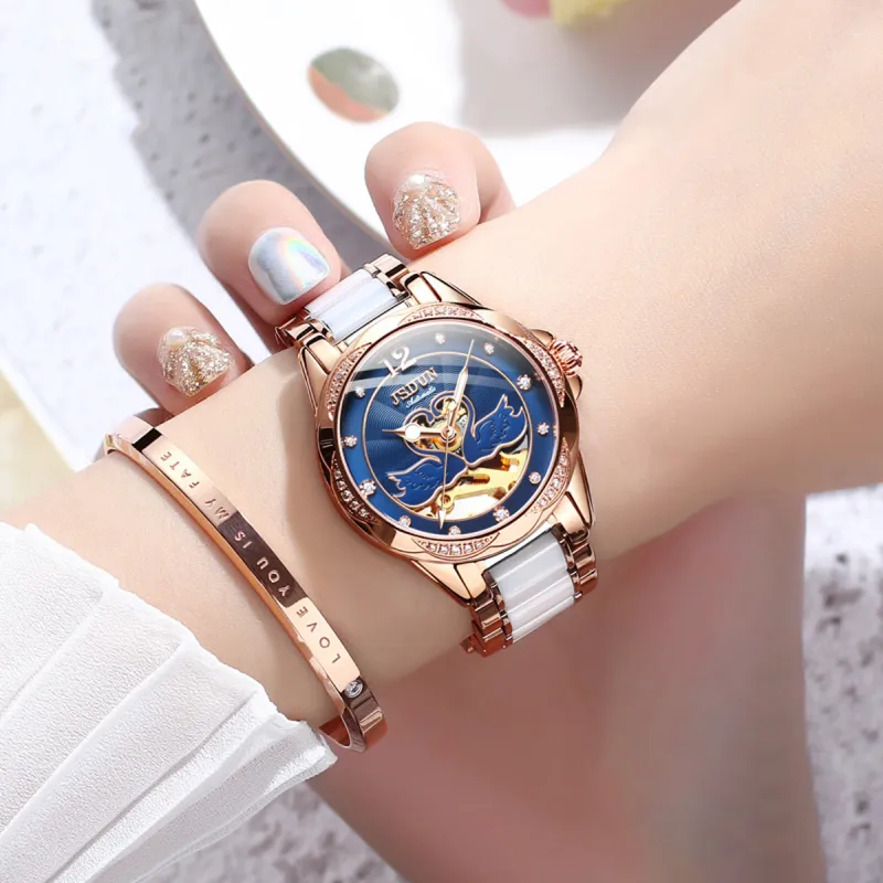 Jin Shi Dun Hollow Heart Design Box Mechanical Movement Watch Women's Watch White Dial-13