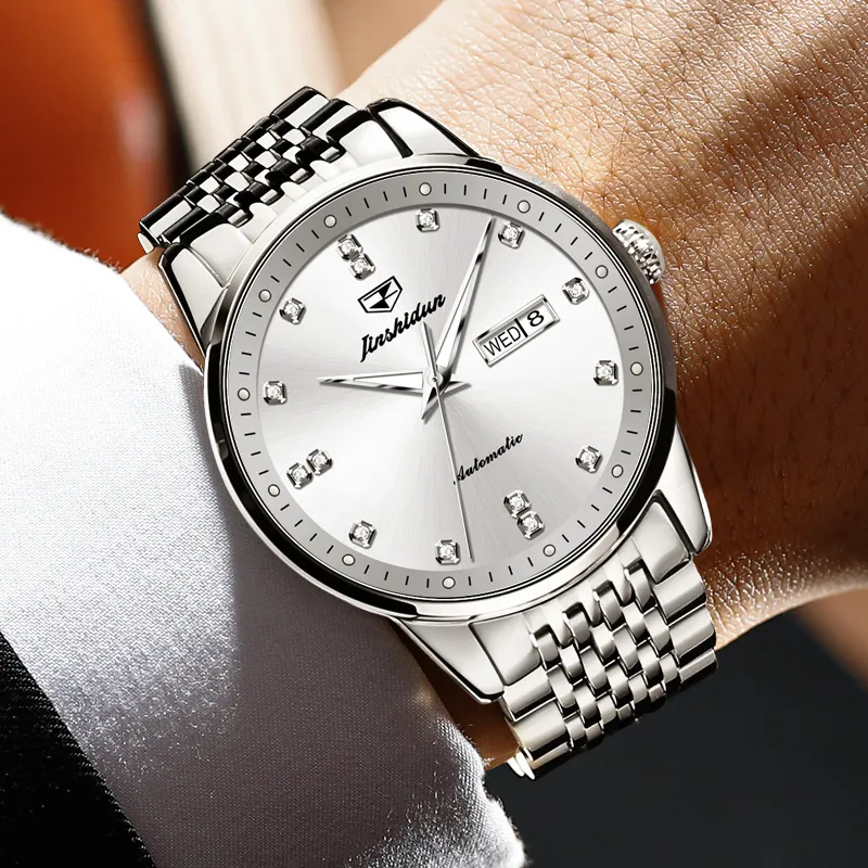 Jin Shi Dun Mechanical Movement Stainless Steel Watchband Watch Men's Watches White Dial-2