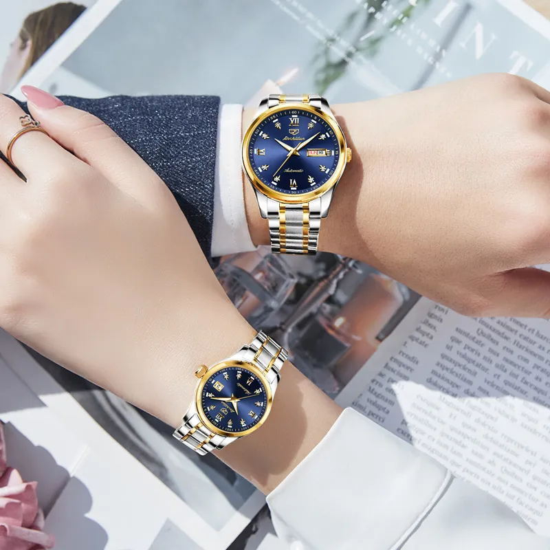 Jin Shi Dun Watch Box For Couples A Pair Mechanical Movement Stainless Steel Watchband Watch Unisex White Dial-24
