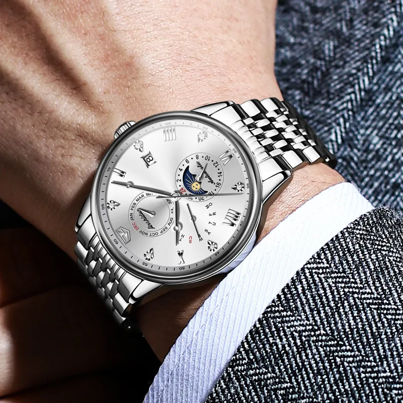 Jin Shi Dun New Trend Box Mechanical Movement Stainless Steel Watchband Watch Men's Watches White Dial-2