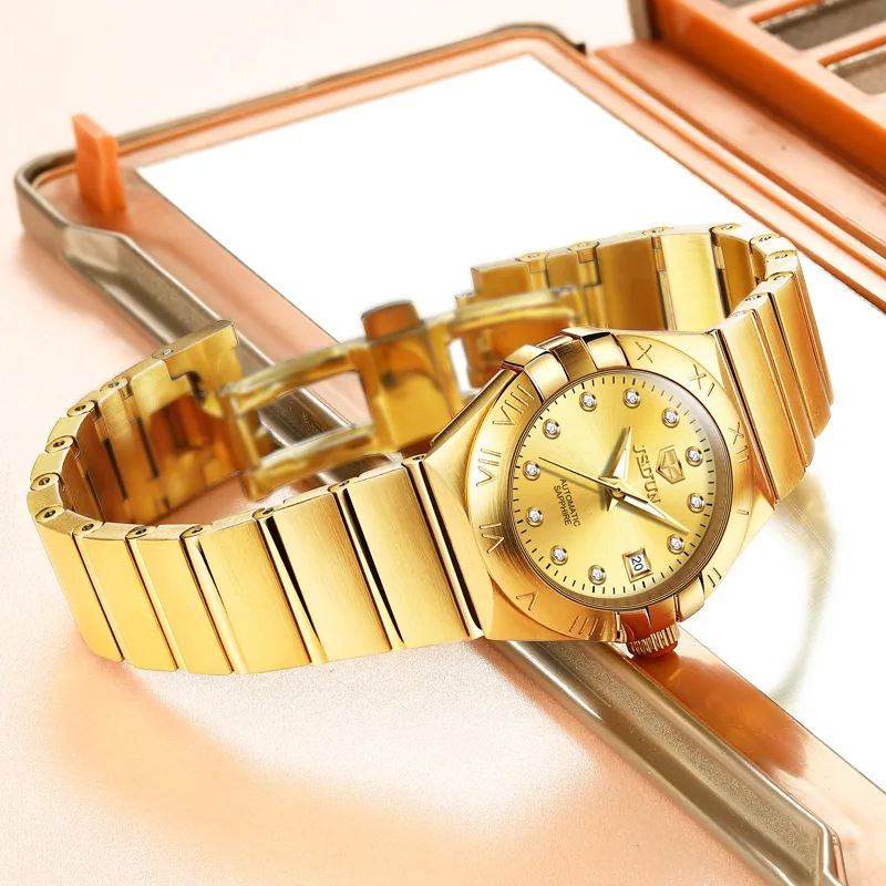 Jin Shi Dun Radiant Diamond Box Mechanical Movement Stainless Steel Watchband Watch Women's Watch White Dial-11