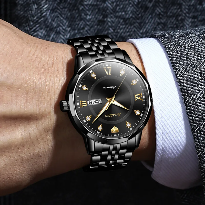Jin Shi Dun Diamond Box Mechanical Movement Stainless Steel Watchband Watch Men's Watches White Dial-1