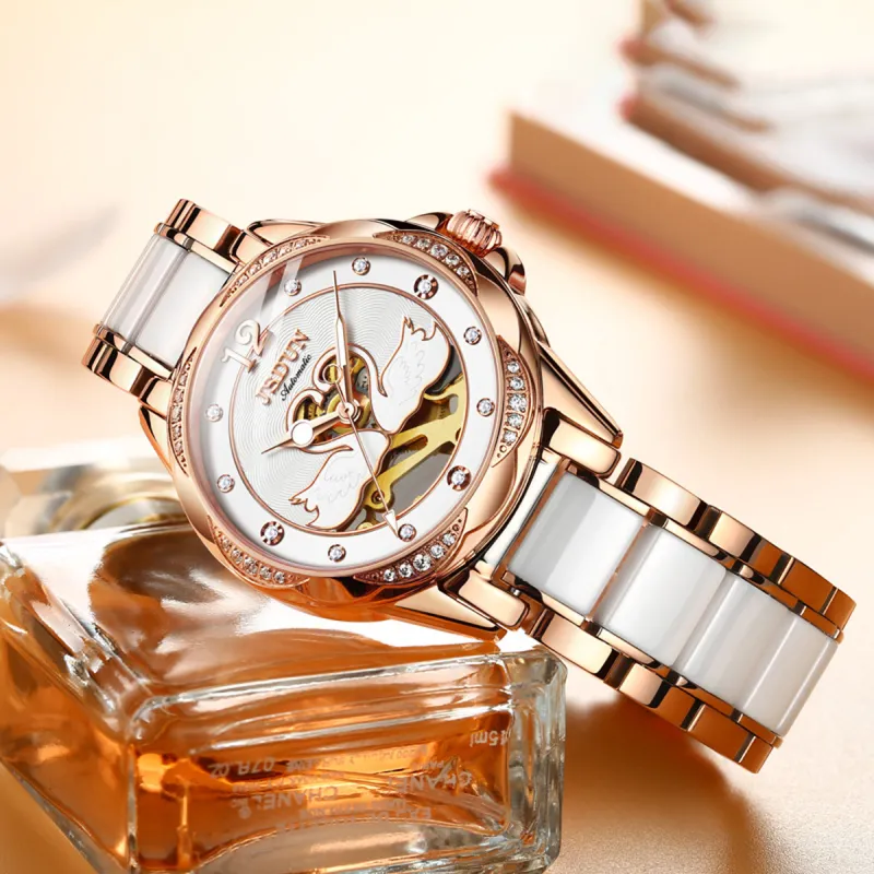 Jin Shi Dun Hollow Heart Design Box Mechanical Movement Watch Women's Watch White Dial-2