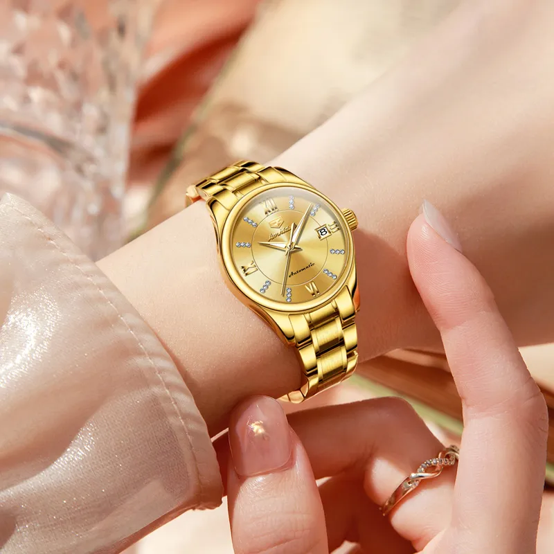 Jin Shi Dun Diamond Inlay Box Mechanical Movement Stainless Steel Watchband Watch Women's Watch White Dial-22