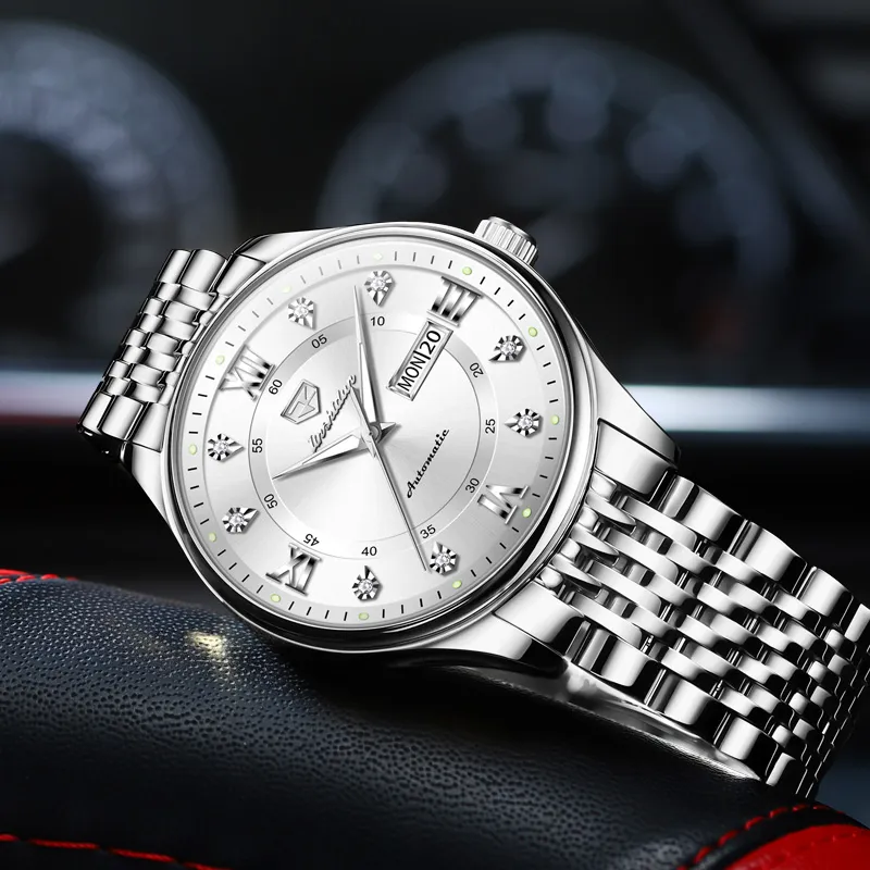 Jin Shi Dun Automatic Mechanical Movement Stainless Steel Watchband Watch Men's Watches White Dial-3