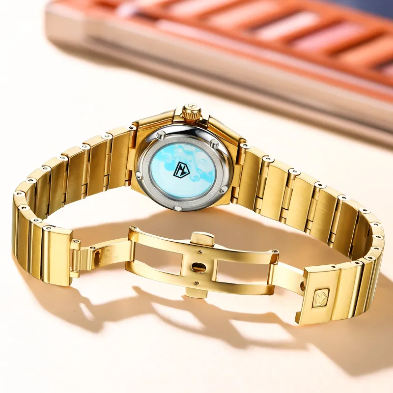 Jin Shi Dun Radiant Diamond Box Mechanical Movement Stainless Steel Watchband Watch Women's Watch White Dial-15