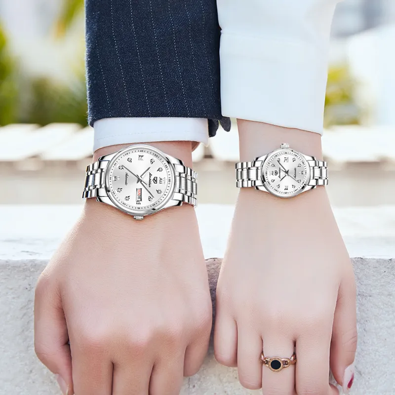 Jin Shi Dun Watch Box For Couples A Pair Mechanical Movement Stainless Steel Watchband Watch Unisex White Dial-8