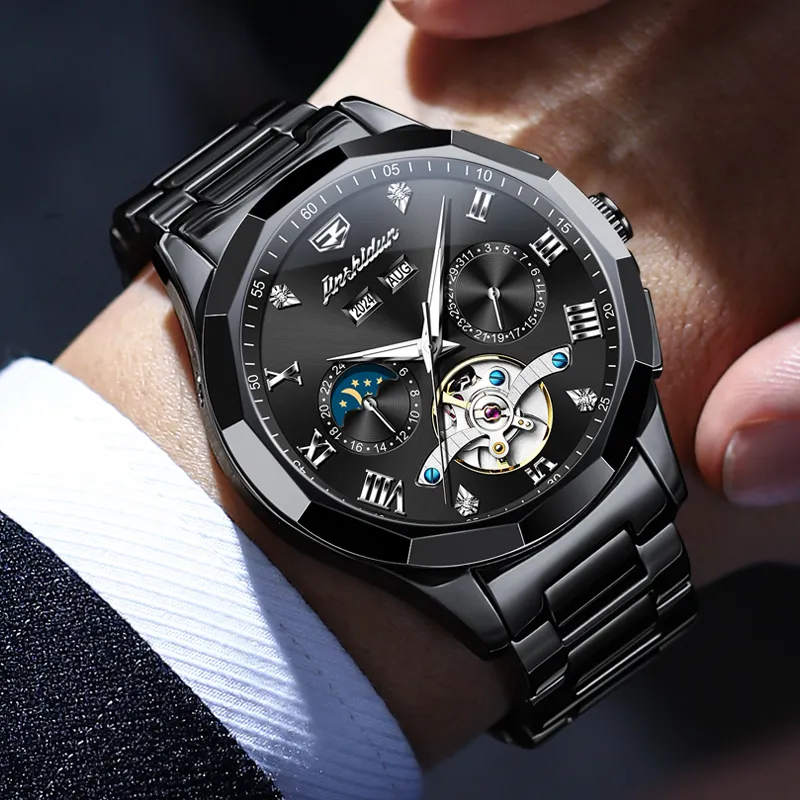 Jin Shi Dun Black Warrior Box Mechanical Movement Ceramic Strap Watch Men's Watches Black Dial-7