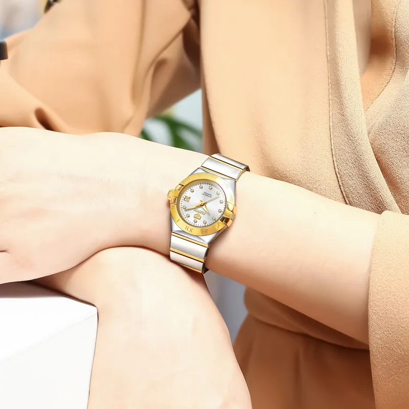 Jin Shi Dun Radiant Diamond Box Mechanical Movement Stainless Steel Watchband Watch Women's Watch White Dial-4
