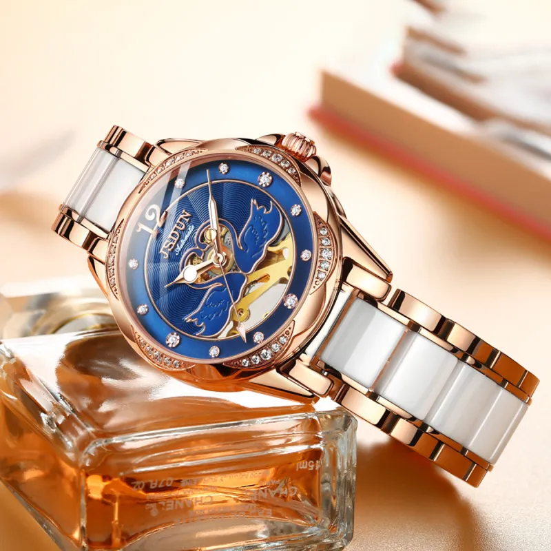 Jin Shi Dun Hollow Heart Design Box Mechanical Movement Watch Women's Watch White Dial-11