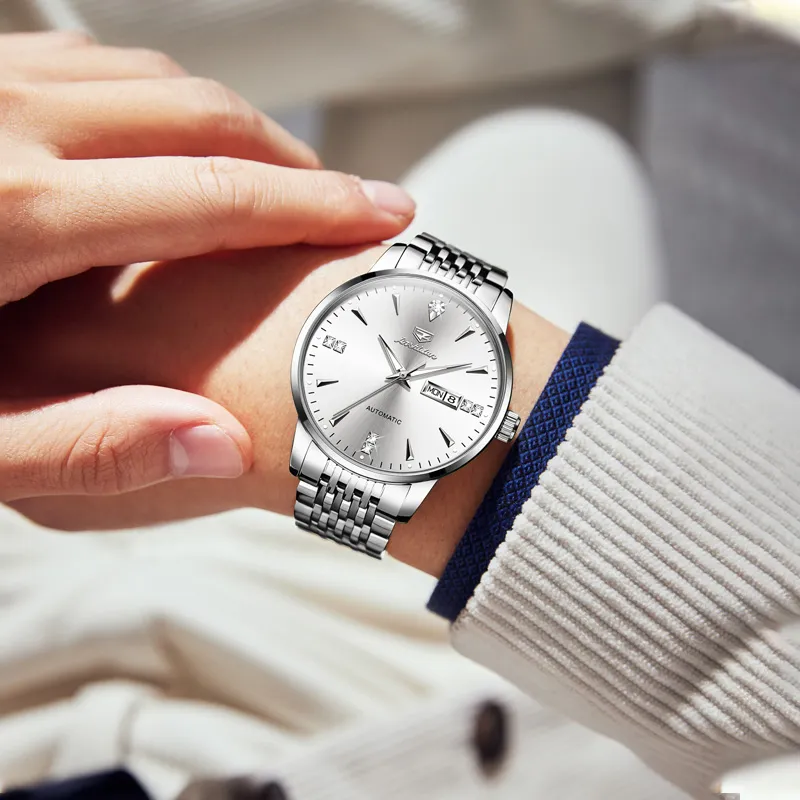 Jin Shi Dun Men's Watch Box Mechanical Movement Stainless Steel Watchband Watch Men's Watches White Dial-1