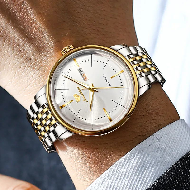 Jin Shi Dun Mechanical Movement Stainless Steel Watchband Watch Men's Watches White Dial-5