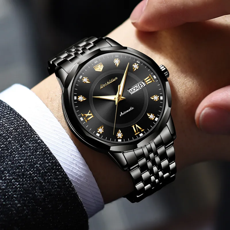 Jin Shi Dun Diamond Box Mechanical Movement Stainless Steel Watchband Watch Men's Watches White Dial-2