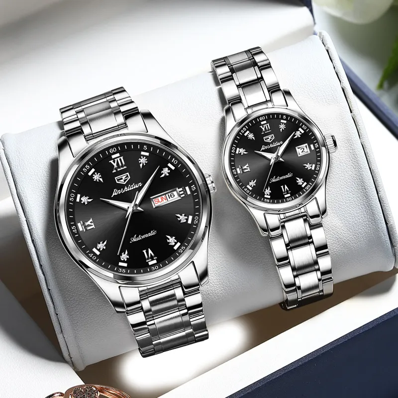 Jin Shi Dun Watch Box For Couples A Pair Mechanical Movement Stainless Steel Watchband Watch Unisex White Dial-5