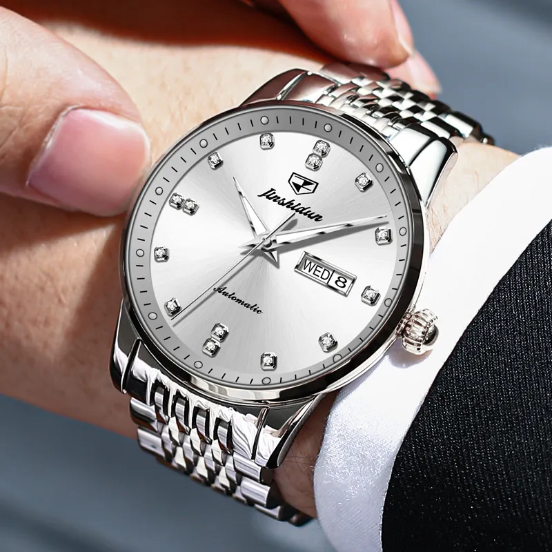 Jin Shi Dun Mechanical Movement Stainless Steel Watchband Watch Men's Watches White Dial-4