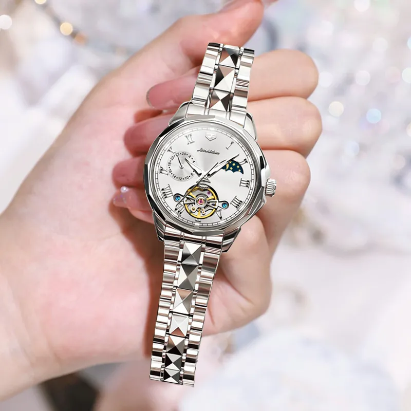 Jin Shi Dun Smart Series Mechanical Movement Stainless Steel Watchband Watch Women's Watch White Dial-3