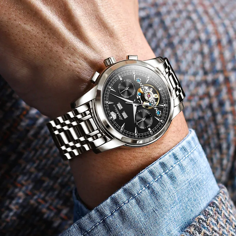Jin Shi Dun Mechanical Movement Stainless Steel Watchband Watch Men's Watches White Dial-1