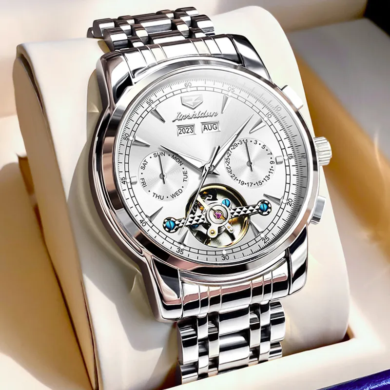 Jin Shi Dun Mechanical Movement Stainless Steel Watchband Watch Men's Watches White Dial-5