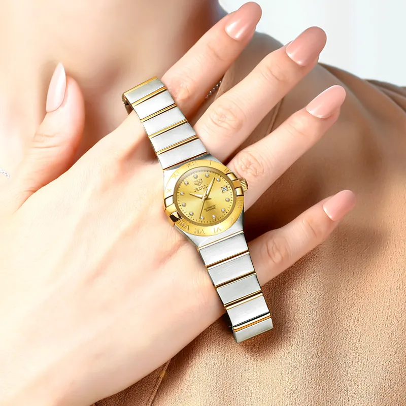 Jin Shi Dun Radiant Diamond Box Mechanical Movement Stainless Steel Watchband Watch Women's Watch White Dial-9