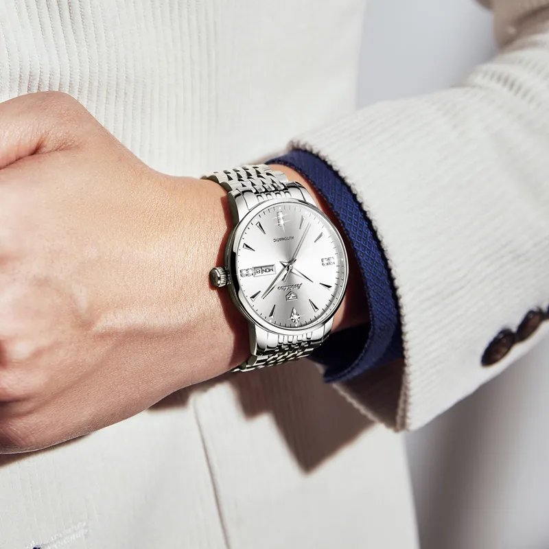 Jin Shi Dun Men's Watch Box Mechanical Movement Stainless Steel Watchband Watch Men's Watches White Dial-3