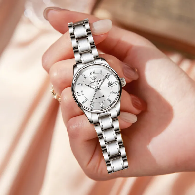 Jin Shi Dun Diamond Inlay Box Mechanical Movement Stainless Steel Watchband Watch Women's Watch White Dial-4