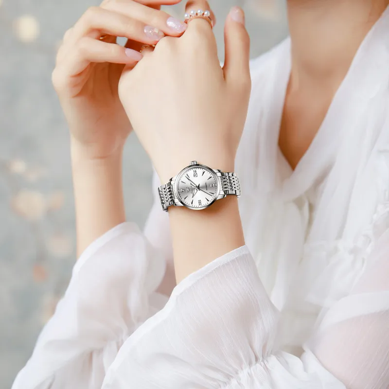 Jin Shi Dun Box Mechanical Movement Stainless Steel Watchband Watch Women's Watch White Dial-2