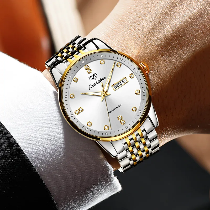 Jin Shi Dun Mechanical Movement Stainless Steel Watchband Watch Men's Watches White Dial-11