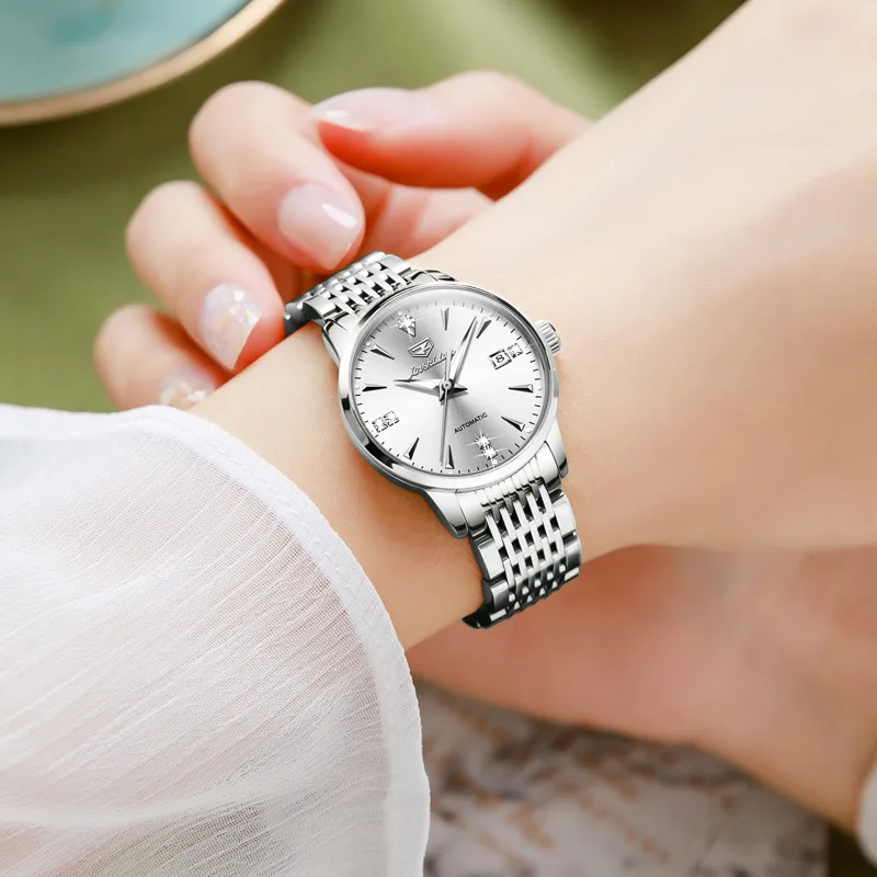 Jin Shi Dun Box Mechanical Movement Stainless Steel Watchband Watch Women's Watch White Dial-4