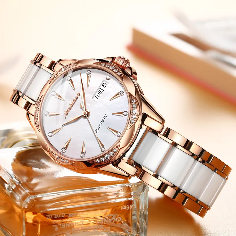 Jin Shi Dun Rhinestone Embellished Box Mechanical Movement Watch Women's Watch White Dial-2