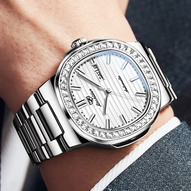 Jin Shi Dun Mechanical Movement Stainless Steel Watchband Watch Men's Watches White Dial-2
