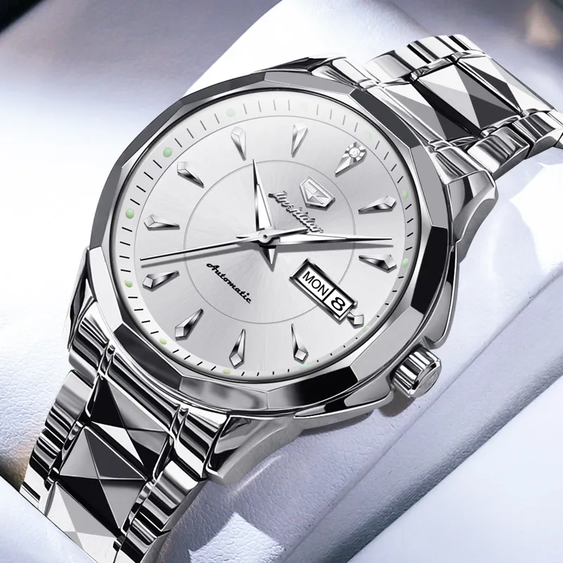 Jin Shi Dun Box Mechanical Movement Stainless Steel Watchband Watch Men's Watches White Dial-1