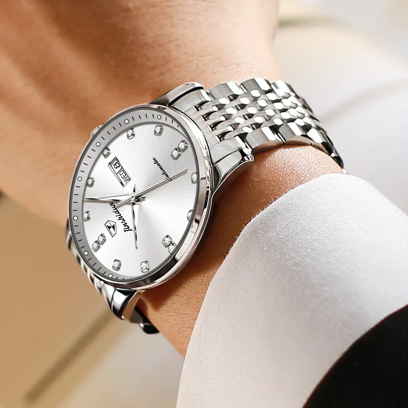 Jin Shi Dun Mechanical Movement Stainless Steel Watchband Watch Men's Watches White Dial-3
