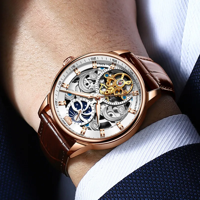 Jin Shi Dun Automatic Mechanical Movement Leather Strap Watch Men's Watches White Dial-10