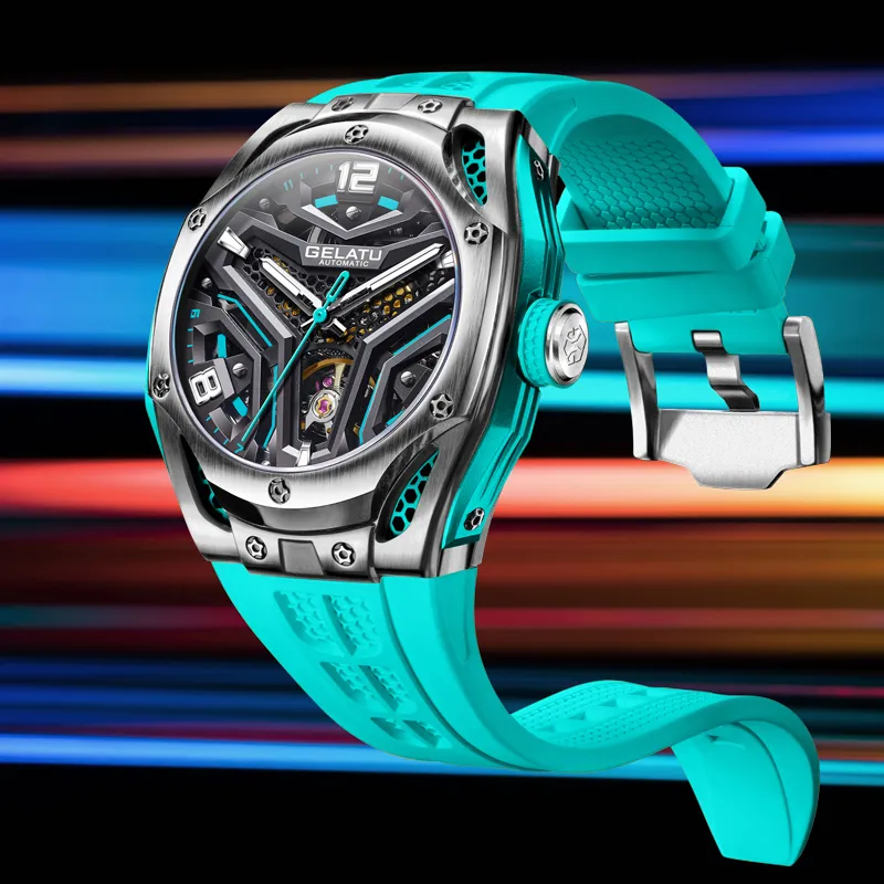 GELATU Automatic Mechanical Movement Silicone Strap Watch Men's Watches Black Dial-1