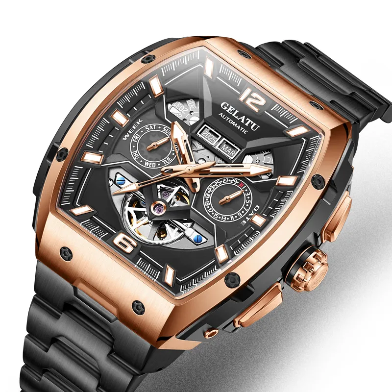 GELATU Mechanical Movement Stainless Steel Watchband Watch Men's Watches Black Dial-7